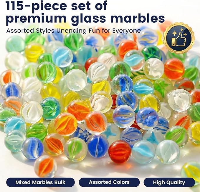POPLAY Marbles for Kids, 115PCS Cat Eye Glass Marble, Mixed 6 Colors with Gift Box, for Chinese Checkers Board Games, Party Favor Gifts