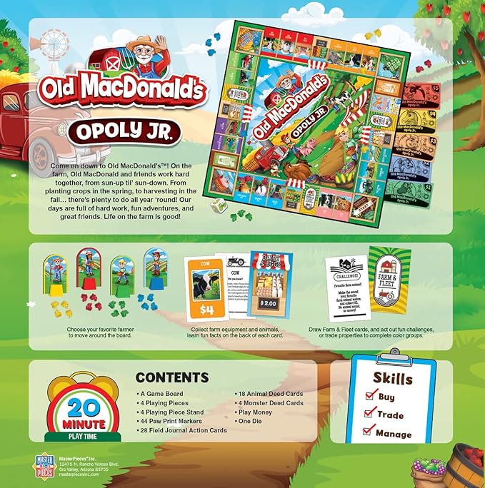 MasterPieces Kids & Family Board Games - Old MacDonald's Farm Opoly Jr. - Officially Licensed Board Games for Kids, & Family