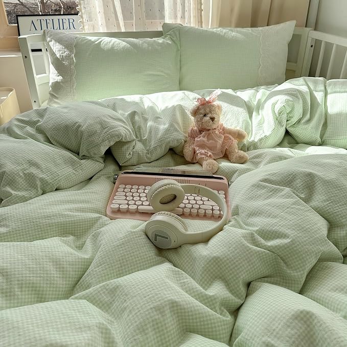 LifeTB Green Gingham Comforter Set Full Size Princess Lace Style Vintage Plaid Checkered Comforter Chic Gingham Farmhouse Bedding Set Lightweight Fluffy Soft Green Plaid Grid Comforter Set Full