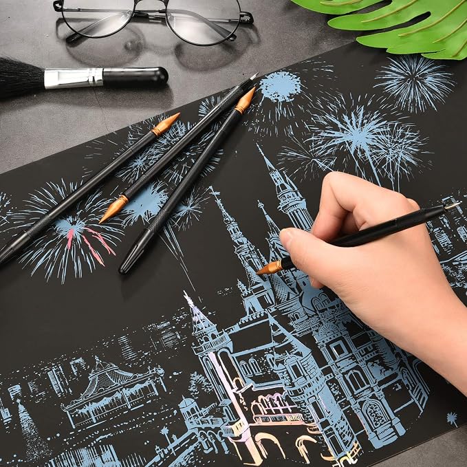 Scratch Art Tools, 9 Pcs Scratching Drawing Tools Set: Artist Glove, Tools Bag, Scratch Coloring Pens, Plastic and Wooden Stylus, Scraper, Repair Pen, Clean Brush for Adults & Teens Painting Paper
