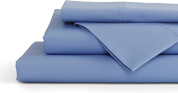 Linen Home 4 Piece Twin Cotton Sheet Set, 100% Cotton Percale, 2 Pillowcases, Deep Pocket with All Around Elastic Sheet, Crisp Breathable Bedding, Hotel Luxury, Long-Staple Combed Cotton, Baby Blue