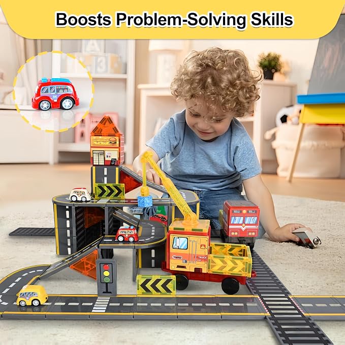 72pcs Upgraded Magnetic Tiles Road & Train Dual-Sided Expansion Pack, Magnetic Building Blocks Construction Toy for 3+Year Old Boys Girls, Kids Toys Montessori Toys for Toddler, STEM Learning Gifts