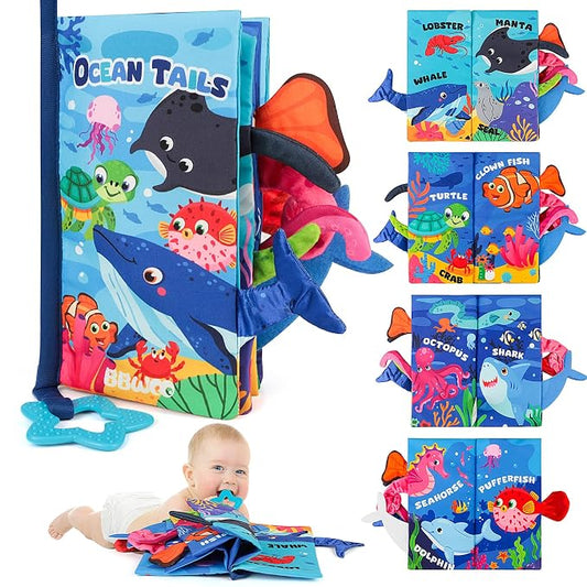 BBWOO Soft Baby Book Toy - Newborn Boy Girl Shower Gift - Tummy Time Toy for Infant 0-6 6-12 Months - Touch and Feel Sensory Crinkle Book with Teether - Baby Boy Girl Gift