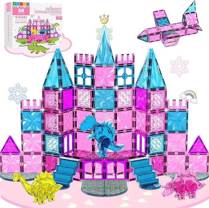 60PCS Dinosaur Toys Magnetic Tiles for Girls, Magnetic Building Blocks Sensory Dino Toy for Girl Ages 3-5 4-8 Year Old, Girl Toys Dinosaur Decorations Birthday Gifts for 3+ Years Old Kids Boys