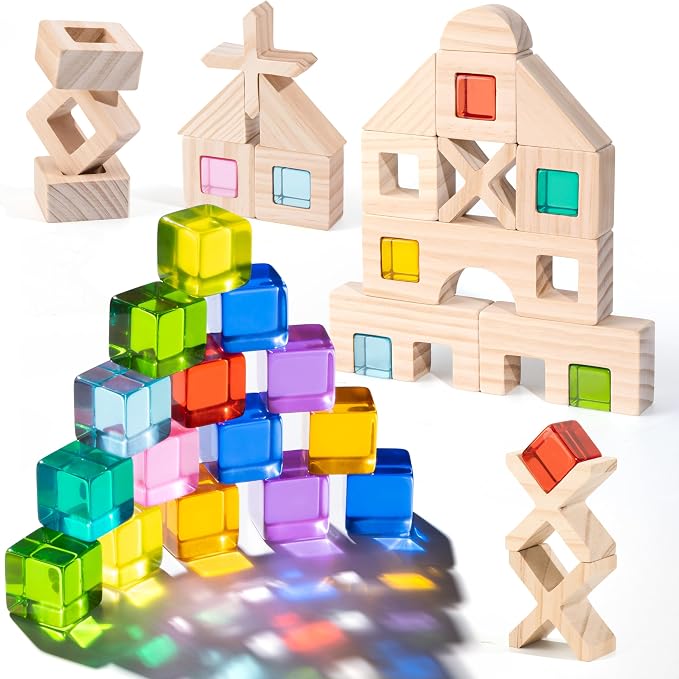 Woodtoe Wooden Rainbow Building Blocks Set for Toddlers, 22 PCS Wooden Blocks & 25 PCS Gem Cubes Stacking Blocks, Montessori Stacking Toys, Educational STEM Birthday Toys Gifts for Kid Boy Girl 3-6