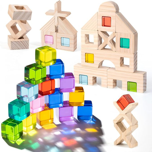 Woodtoe Wooden Rainbow Building Blocks Set for Toddlers, 22 PCS Wooden Blocks & 25 PCS Gem Cubes Stacking Blocks, Montessori Stacking Toys, Educational STEM Birthday Toys Gifts for Kid Boy Girl 3-6