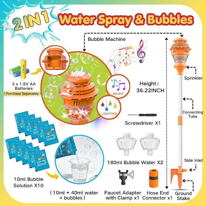 2-in-1 Standing Bubble Machine & Water Sprinkler for Kids, Battery Operated with Lights Music, Summer Outdoor Backyard Water Toy for Boys Girls Age 3+
