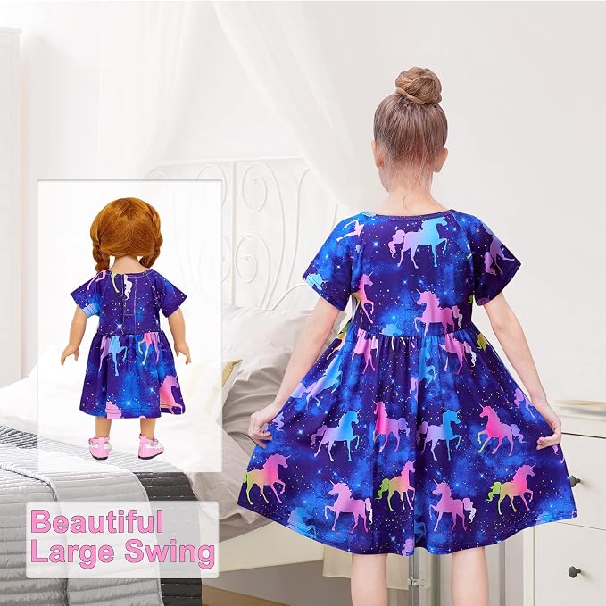 Play Tailor Doll and Girl Matching Nightgown Unicorn Outfit Pajamas Night Dress for Girls and 18" Dolls Clothes