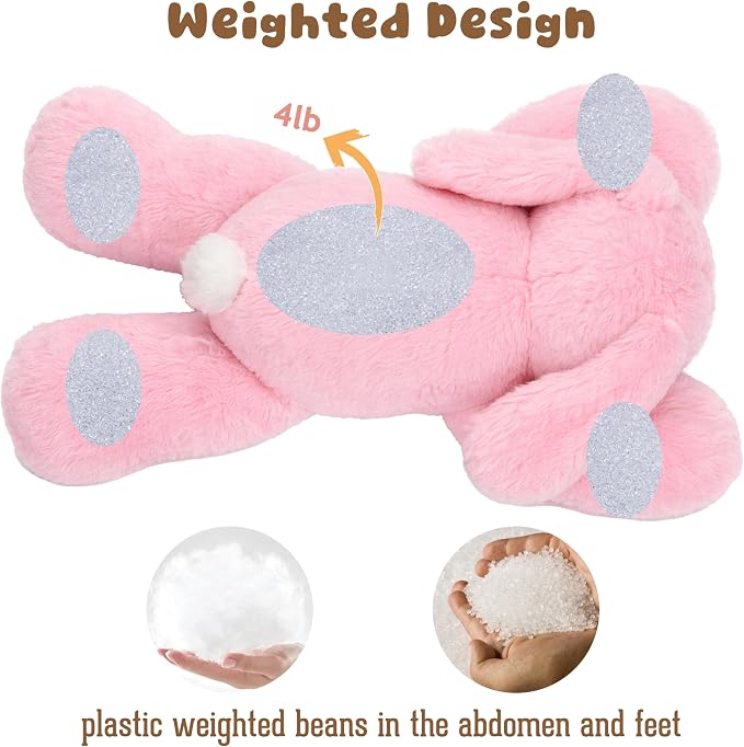 Weighted Easter Bunny Stuffed Animal Soft Weighted Rabbit Plushes Cute Pink Bunny Plush Toy Birthday Easter Gifts for Kids Boys Girls Adults (20" 4 lbs)