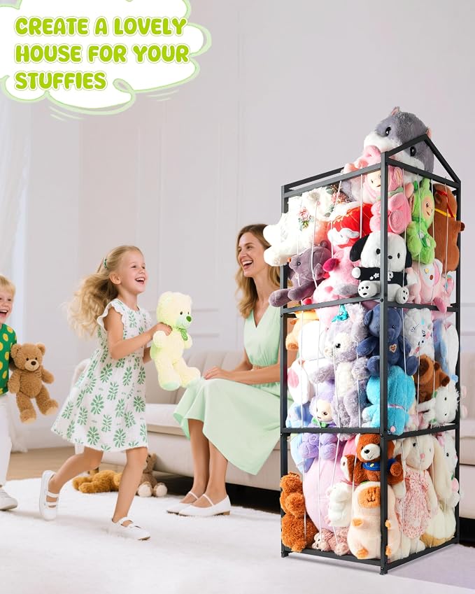 NomNest Stuffed Animal Storage Zoo, Large Metal Plushies Organizer, Heavy Duty Metal Teddy Bear Toy Holder for Kids' Bedroom & Playroom & Nursery (Non-Wheeled, Black)