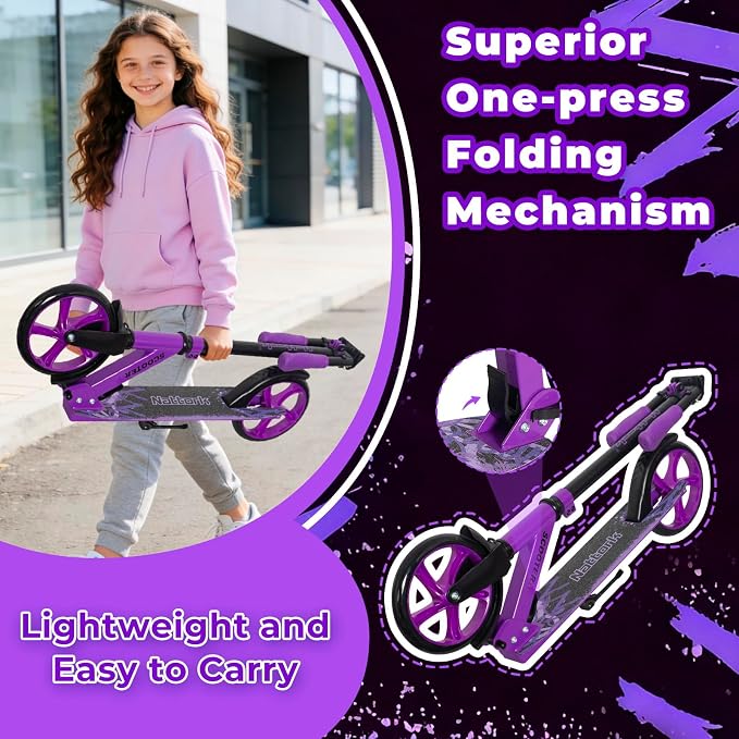 Nattork Scooter for Kids 6+, Teens and Adults- Adjustable Height Folding Kick Scooter with Large Sturdy Wheels for a Smooth Ride, Lightweight, Anti-Shock Suspension for Boys and Girls