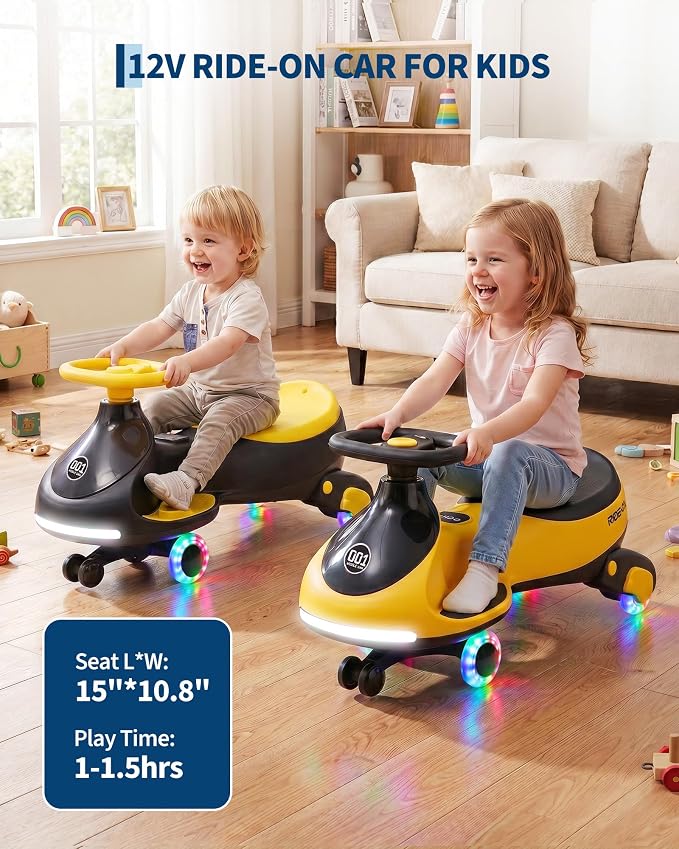 Garvee 12V Electric Wiggle Car for Kids, 2 in 1 Swing Car with Pedal, Anti-Rollover, Max Load 130Lbs,Flashing Wheels, Music,Rechargeable Battery Ride on Toy Indoor Outdoor for Toddlers, Black
