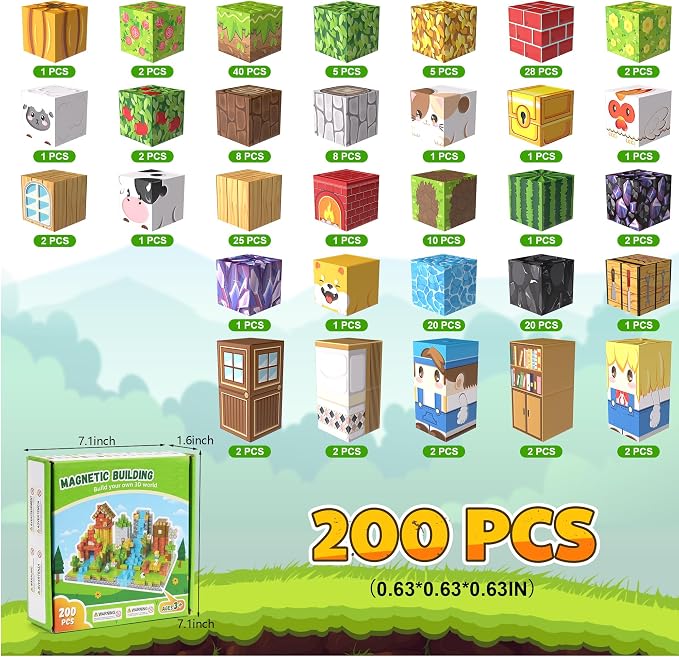 200PCS Magnetic Blocks, Magnetic Building Blocks, 0.63in Magnetic Building, STEM Game Stacking Toys for Kids, Birthday Gifts for Boys and Girls Age 3+ Years Old