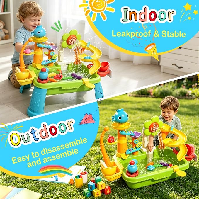 Dergo Upgraded Water Table for Toddlers Toy Set, Kids Sensory Sand Table Play Sink Shower Sprinkler, Summer Birthday Gift STEM Fishing Playset for Boys Girls Ages 3 4 5 6 7