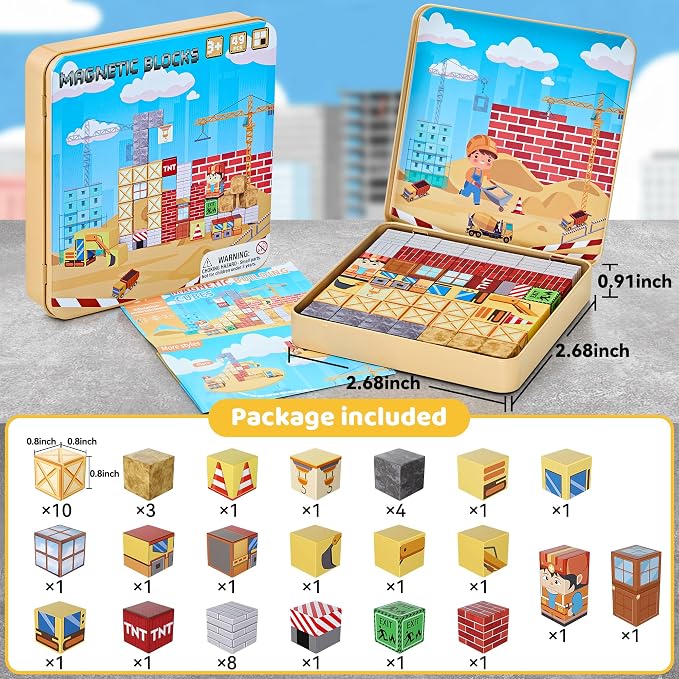 49PCS Magnetic Blocks with Iron Storage Box, Magnetic Cubes Tiles, STEM Educational Stacking Magnets Travel Toys for Kid Ages 3 4 5 6 7 8 9 10 11 Birthday Party Supplies Gifts for Boys Girls