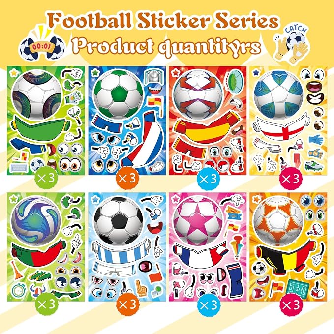 24 Sheets Soccer Stickers for Kids, Make a Face Stickers, Make Your Own Sticker, Goodie Bag Stuffers, Football Gifts, Soccer Party Favors, Classroom Teacher Reward Educational Toy Art Craft