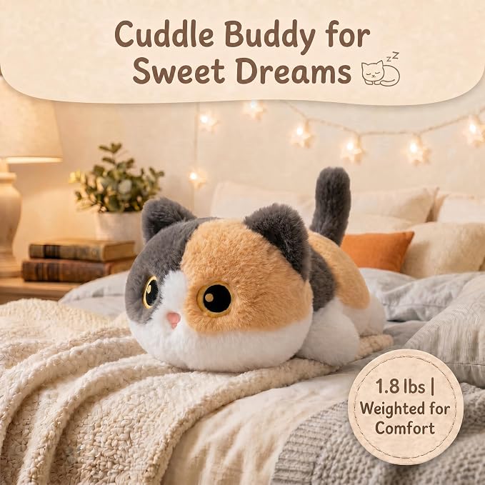Weighted Cat Stuffed Animal, 16-Inch, 1.8 lbs Calico Cat Plush, Cuddly Soft Plushie Pillow Gift for Kids & Adults
