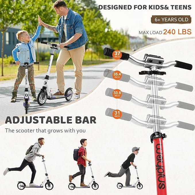 WAYPLUS KS1 Kick Scooter for Ages 6+,Kid, Teens & Adults. Max Load 240 LBS. Foldable, Lightweight, 8IN Big Wheels for Kids, Teen and Adults, 4 Adjustable Levels. Bearing ABEC9 FED Fitness