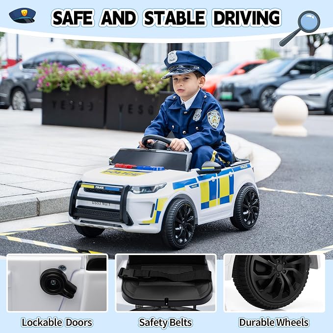 TOBBI Kids Electric Ride On Police Car, Toddlers Battery-Powered Cop Toy to Drive, 27W 4-Wheels Vehicle with Parental Remote Control/Soft Start/3 Speeds/Horn & LED for Children Ages 1-6 Years-White