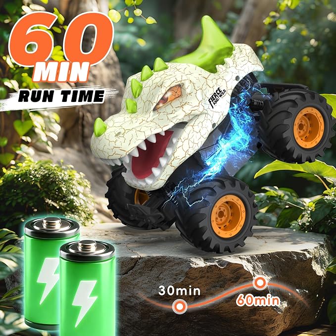 Dinosaur Remote Control Car 2.4GHz RC Monster Truck 1:24 Scale RC Car with LED Lights & Movable Mouth, Rechargeable Dinosaur Toys Birthday Gift for Boys 6-12, Orange
