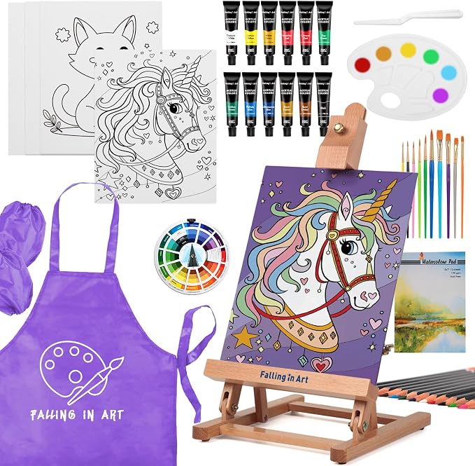 Falling in Art 46 Pcs Acrylic Paint Set with Table Easel, Art Painting Kit with Acrylic Paints, Canvas Panels, Paintbrushes, Canvas Supplies Kit for Kids, Adults, Beginners, and Artists, Purple