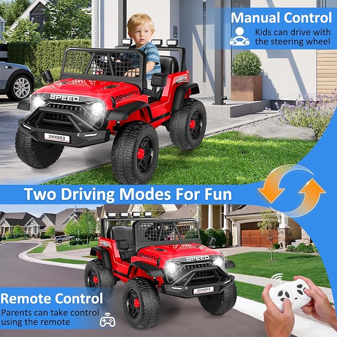 Hikole 24V Kids Ride on Car with Parent Remote Control, Electric Truck Car Toys for Toddler Boys Girls Ages 3-8, Spring Suspension, Safety Belt, Music Player, 3 Gear Shift, LED Light, Red