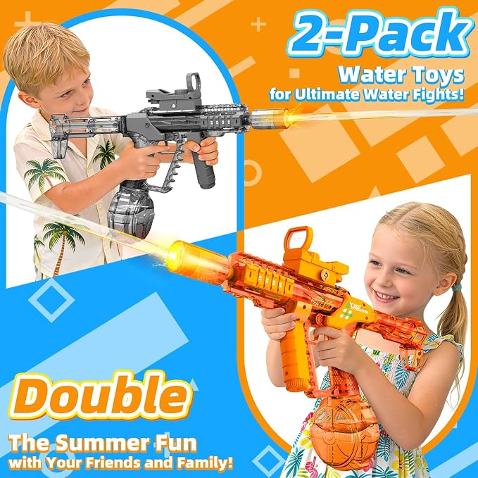 2 Pack Electric Water Guns Toy for Kids Adults, Automatic Water Gun Toys for Kids Ages 4-8 8-12, Adjustable Grip & Folding Stock, 26-32FT Long Range, Summer Pool Outdoor Beach Water Toy for Boys Girls