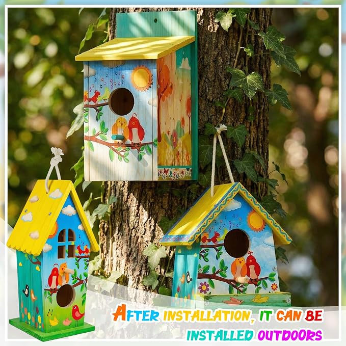 Liliful 8 Pack Birdhouse Crafts for Kids, Wooden Creative DIY Bird House Kits Arts and Crafts Set for Kids and Adults, Spring Birthday Gifts for Toddlers Ages (Vintage Style)