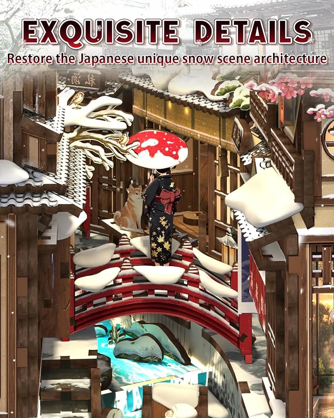 Cutefun DIY Book Nook Kit Kyoto Snow Whisper – Japanese Snow Scene 3D Wooden Puzzle Miniature Dollhouse Kit with LED Light, Bookshelf Insert Decor, Creative Gift for Adults, Teens & Book Lovers
