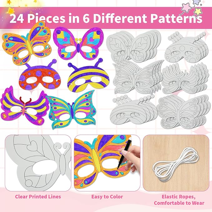 24 PCS Color Your Own Paper Masks, DIY Masks Craft Art Kits for Kids, Birthday Party Favors, School Coloring Activities