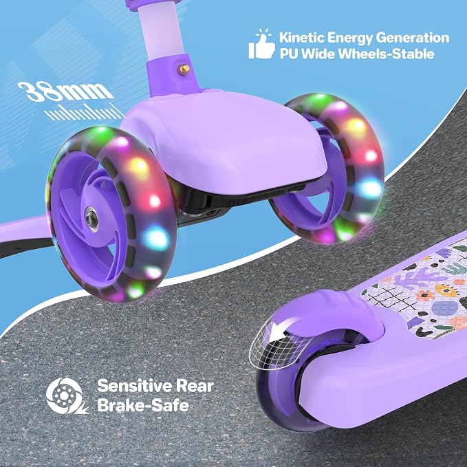 TONBUX Kids Scooter with Seat, 3 Wheels Scooter with PU Luminous Wheels, Non-Slip Handle and Wide Deck, Sensitive Brakes, 4-Level Adjustable Height, Scooters for Kids 2–8 Years