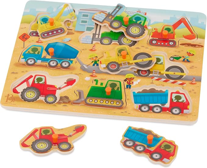 B. toys – Peek & Explore – Construction Trucks – Wooden Peg Puzzle – Peg Puzzle for Toddlers, Kids – 8 Construction Vehicle Pieces – Dump Truck, Cement Mixer, Excavator & More – 2+ Years