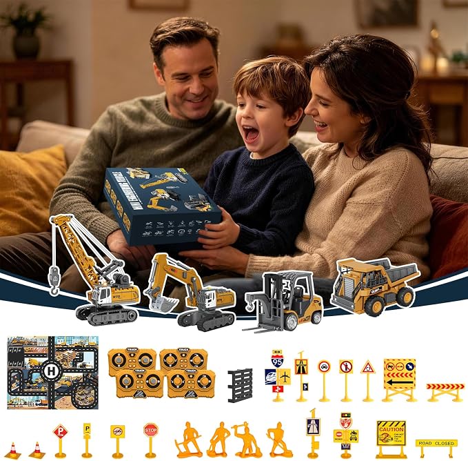4 PCS RC Construction Vehicles Set with Mini Excavator dump truck Forklift and crane USB Charge Real Lights & Sounds and Movable Parts & Traffic Sign Simulate True Scale Birthday Gifts for Kids Adults