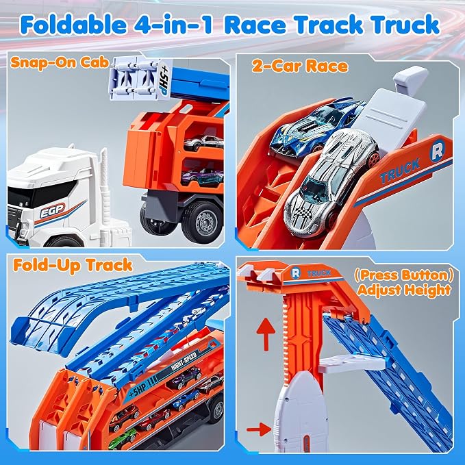 Race Track Truck Toys for 3 4 5 6 Years Old Kids - Carrier Truck Transport Car with 6 Die-Cast Cars Toys, 4-In-1 Truck with 2 Foldable Race Tracks, Christmas Birthday Gifts Toy for Toddler Boys, White