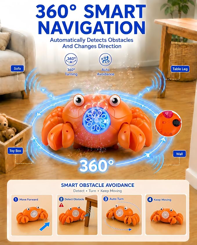Rechargeable Bubble Machine for Kids, 360° Rotating Crawling Crab 10000+ Bubbles/Min with Music & LED, Automatic Obstacle Avoidance Bubble Maker Toy for Outdoor Garden Parties Birthday Gift