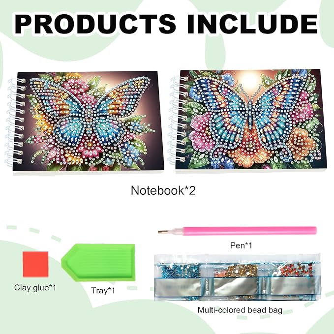 2 Pcs Butterfly Diamond Painting Notebook 80 Pages for Adults,Diamond Art Journal and DIY Sketchbook, Diamonds Art Kit Supplies,Gift for Beginners, Craft Lovers, Artists. (Butterfly)