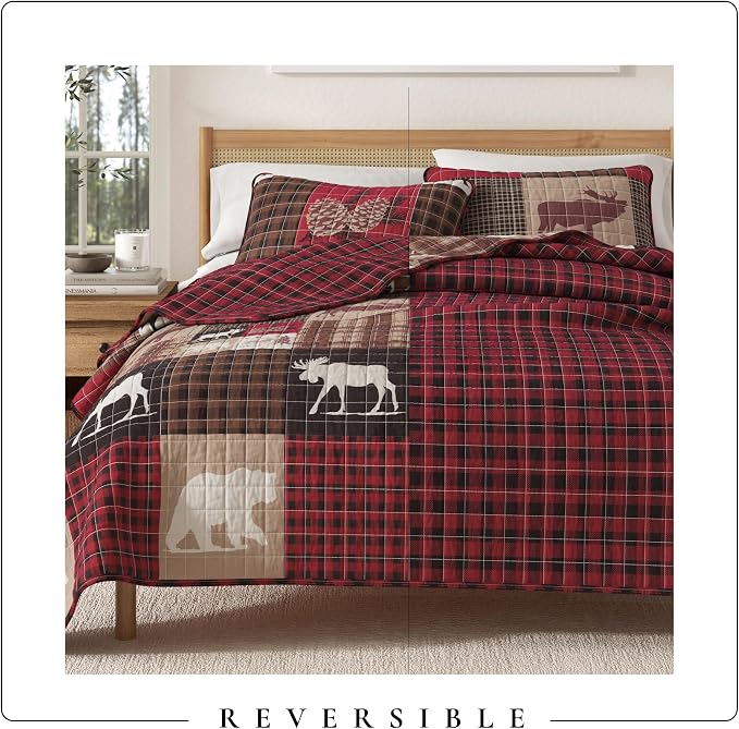 Great Bay Home Lodge Quilt Set - 3-Piece Full/Queen Size Rustic Bedding Set - Lightweight, All-Season, Reversible Bedspread (Hemlock Red/Brown)