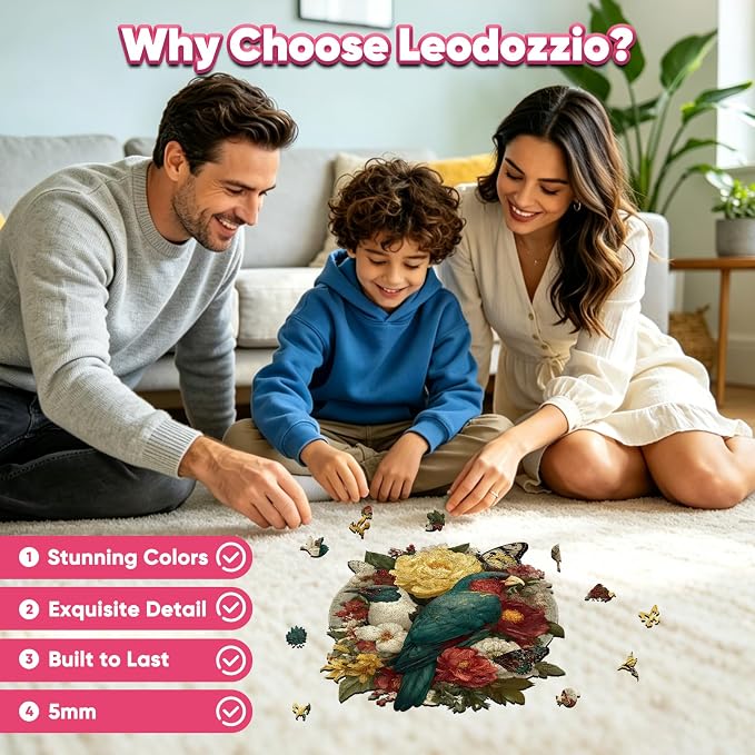 Leodozzio Nature Birds Wooden Jigsaw Puzzles 500 Pieces, Stained Glass Puzzle, 5MM Thick Unique Shaped Bird Flower Wooden Puzzle for Adults, Nautical Art Gift, Family Game, 14.1x18.3 Inch