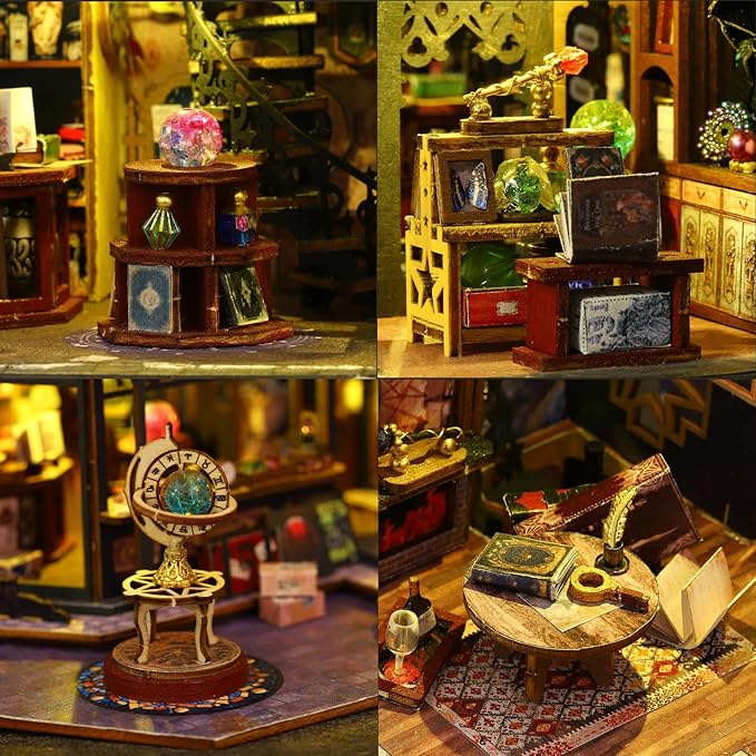 Plustopoy Miniature House Kit DIY Mini House Building Kit with LED Light, DIY Mini Dollhouse with Furniture Book Nook Kit, 3D Wooden Puzzle Wooden Bookend Shelf Insert Decro (Holo Magic City)