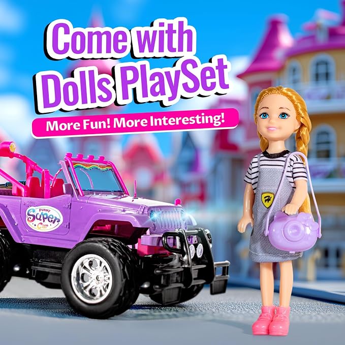 ULOVEME Purple Je ep Remote Control Car for Girls with 5.5" Doll & LED Lights, 2.4GHz Off-Road Trucks, 1:16 Scale Remote-Control Toy Car Holds 2 Dolls (Purple Car)