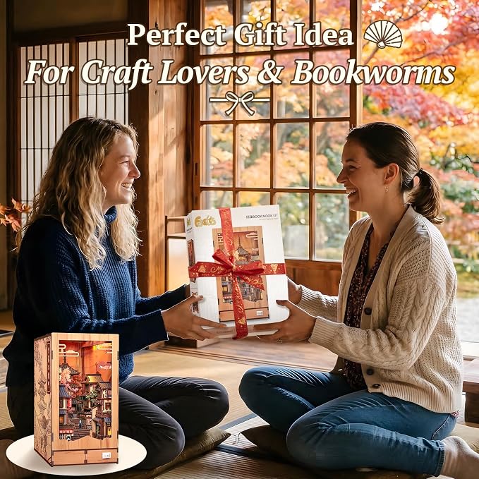 Japanese Book Nook Kit - 3D Wood Puzzles for Adults (Twilight Sakura Path) | DIY Miniature House Kit Bookshelf Diorama Creative Gift for Women