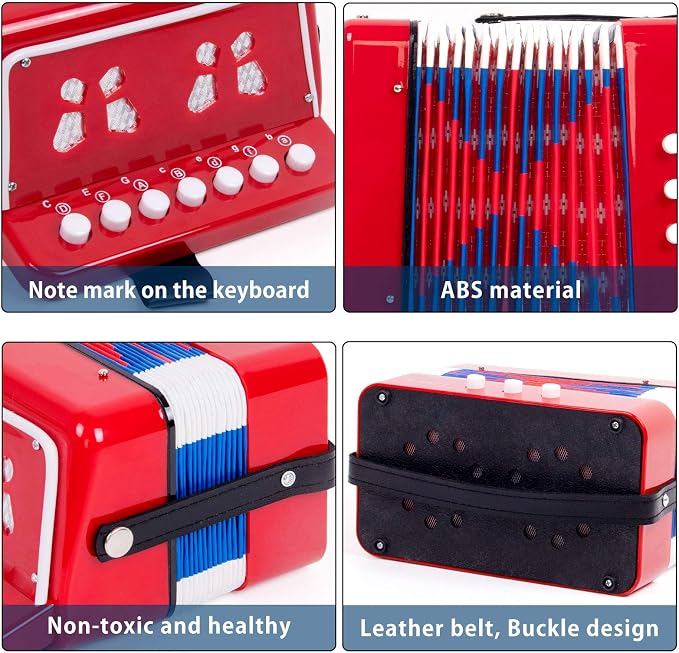 Button Accordion, Horse 10 Keys Control Kids Accordion Musical Instruments for Kids Children Beginners Lightweight and Environmentally-friendly (Red)