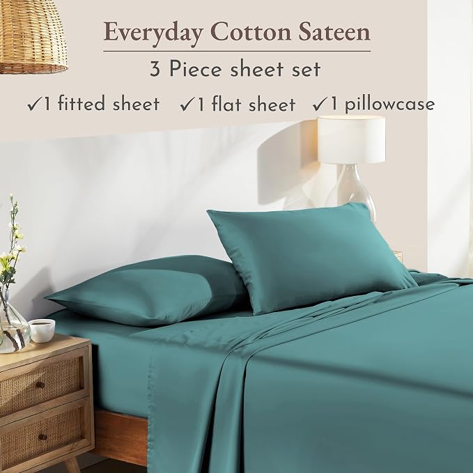 California Design Den Natural 100% Cotton Sheets Twin XL Size Set - Soft Sateen, Twin XL Sheets Set, 12" Pockets, Breathable & Durable Bedding for Dorm Rooms, College Teal (Deep Tone)