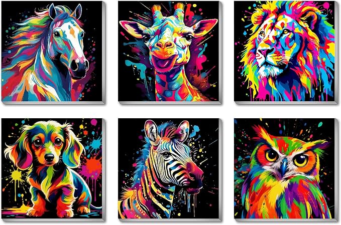 6 Pack Framed Paint by Numbers Kits for Beginners, Color Animal Paint by Number Kits for Kids Ages 4-8-12, DIY Horse Giraffe Lion Paint by Numbers on Canvas Children Paints by Number Kits 8x8Inch