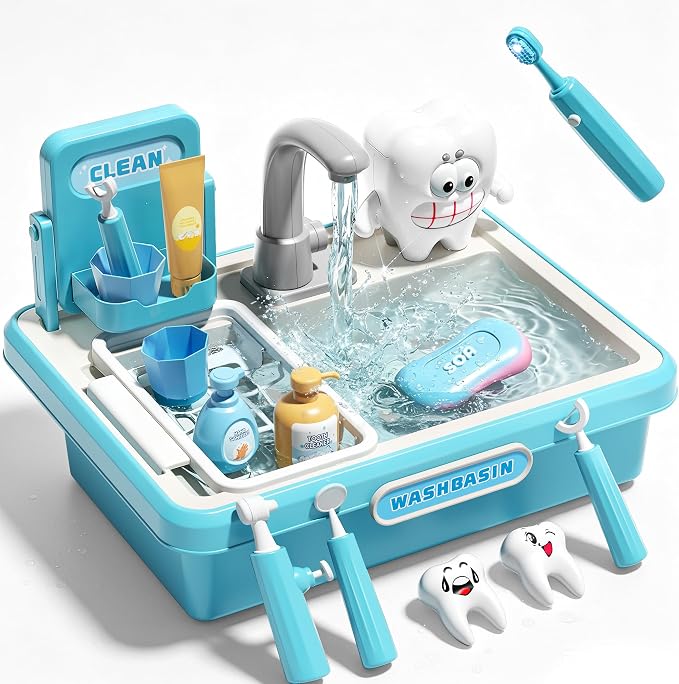 Play Sink with Running Water, Toy Sink Auto Water Cycle System, Play Sink Toys for 2 3 4 Year Old Boys, Dentist Play Set with Oversize Teeth, Pretend Play Toys, Birthday Gifts for 2 3 4 Year Old