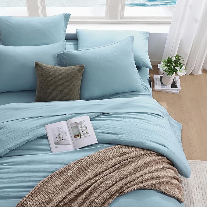 WRENSONG Full Size Comforter Sets- 7 Pieces Soft Blue Bed in a Bag with Fitted Sheet, Flat Sheet, 2 Pillow Shams, 2 Pillowcases, Warm Bedding Sets for All Season