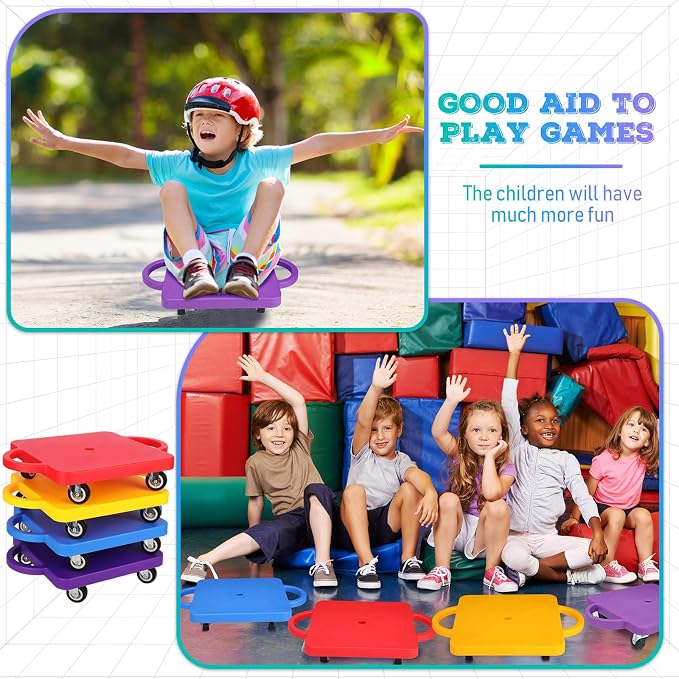 Jerify 4 Pieces Sports Scooter Board Bulk Sitting Board with Handles Plastic Casters Sport Flat Scooter for Kids Children Gym Indoor Outdoor Activities Play Equipment (Colorful)