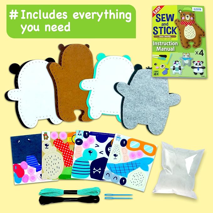 EZCRA Bear & Animal Sewing Kit for Kids Ages 4-8 - 4 Beginner Felt Craft Projects - No-Mess Arts & Crafts for Boys and Girls - Gift for Kids