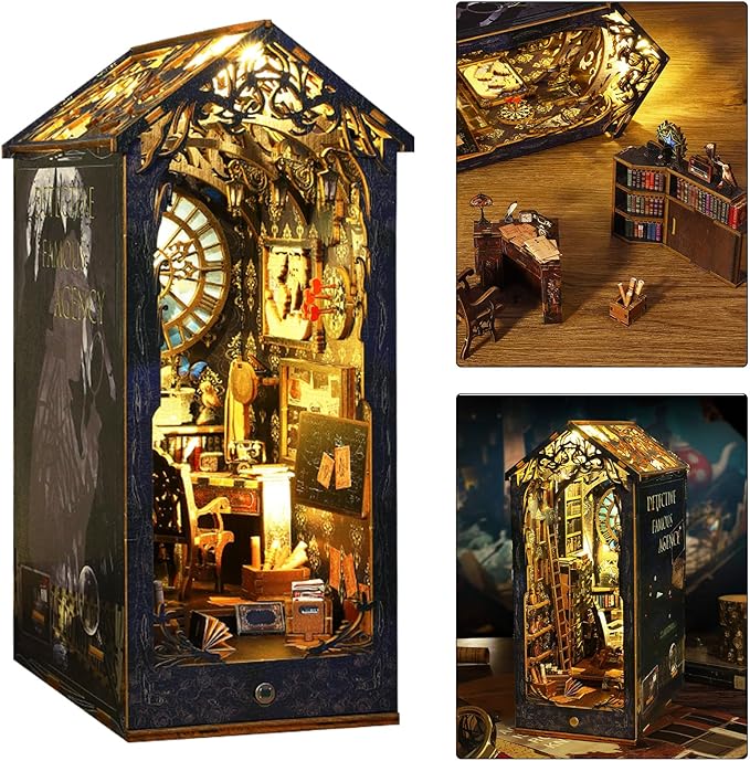 ISSEVE DIY Book Nook Kit, 3D Wooden Puzzle DIY Miniature House Kit for Booknook Shelf Insert Decoration, Magic Book House Stand Bookshelf Dollhouse for Adults with Sensor Light (Detective Agency)