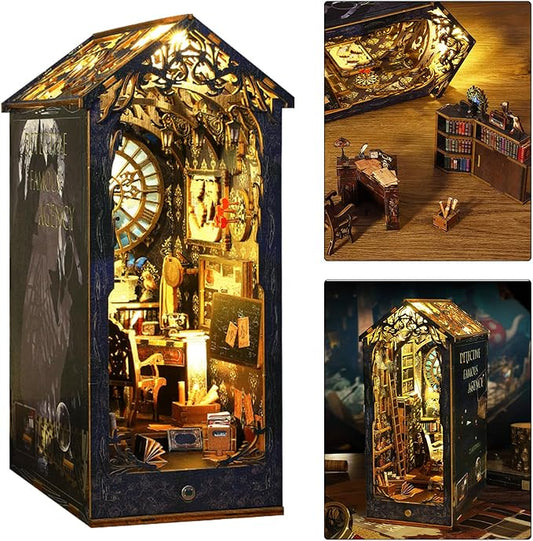 ISSEVE DIY Book Nook Kit, 3D Wooden Puzzle DIY Miniature House Kit for Booknook Shelf Insert Decoration, Magic Book House Stand Bookshelf Dollhouse for Adults with Sensor Light (Detective Agency)